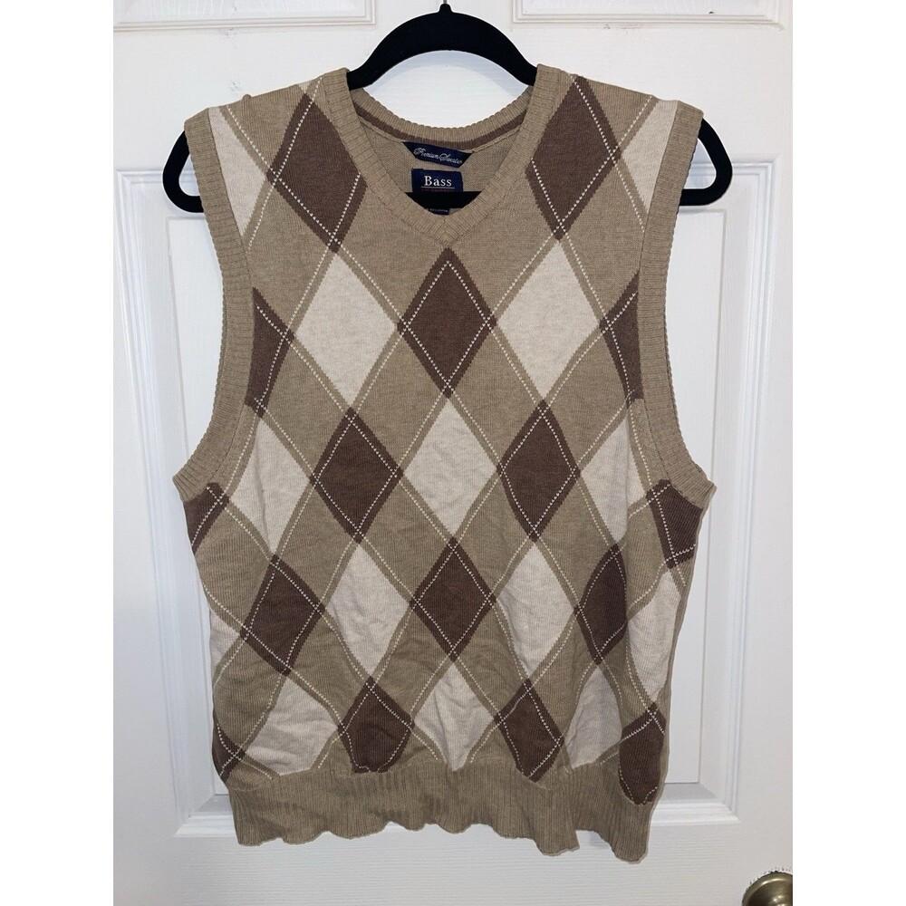 Bass Argyle Sleeveless Sweater Vest Men's Small Beige Brown Cotton Business